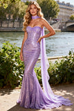 Sparkly Light Purple Sequin Mermaid Long Corset Prom Dress