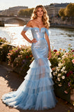 Sparkly Sky Blue Sequin Mermaid Tiered Long Corset Prom Dress