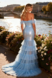 Sparkly Sky Blue Sequin Mermaid Tiered Long Corset Prom Dress