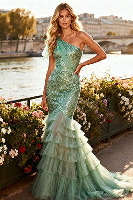 Sparkly Sage Green Sequin Ruffled Mermaid Tiered Long Prom Dress