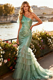 Sparkly Sage Green Sequin Ruffled Mermaid Tiered Long Prom Dress