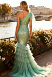 Sparkly Sage Green Sequin Ruffled Mermaid Tiered Long Prom Dress