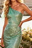 Sparkly Sage Green Sequin Ruffled Mermaid Tiered Long Prom Dress