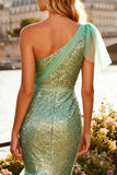 Sparkly Sage Green Sequin Ruffled Mermaid Tiered Long Prom Dress
