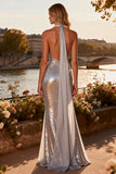 Sparkly Silver Beaded Sequin Mermaid Long Prom Dress with Slit