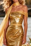 Sparkly Gold Sequin One Shoulder Mermaid Long Prom Dress