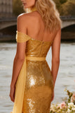 Sparkly Gold Sequin One Shoulder Mermaid Long Prom Dress