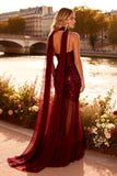 Sparkly Burgundy Sequin Mermaid Spaghetti Straps Long Prom Dress