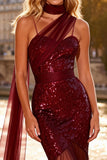 Sparkly Burgundy Sequin Mermaid Spaghetti Straps Long Prom Dress