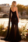 Sparkly Black Sequin Mermaid Neck Scarf Long Prom Dress