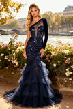 Sparkly Navy Tiered Sequin Long Corset Prom Dress with Ruffles