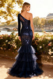 Sparkly Navy Tiered Sequin Long Corset Prom Dress with Ruffles