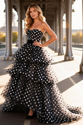 Black and White Polka Dots Tulle Tiered Long Prom Dress with Ruffles