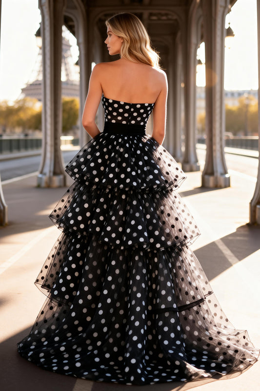 Black and White Polka Dots Tulle Tiered Long Prom Dress with Ruffles