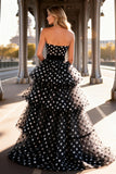 Black and White Polka Dots Tulle Tiered Long Prom Dress with Ruffles