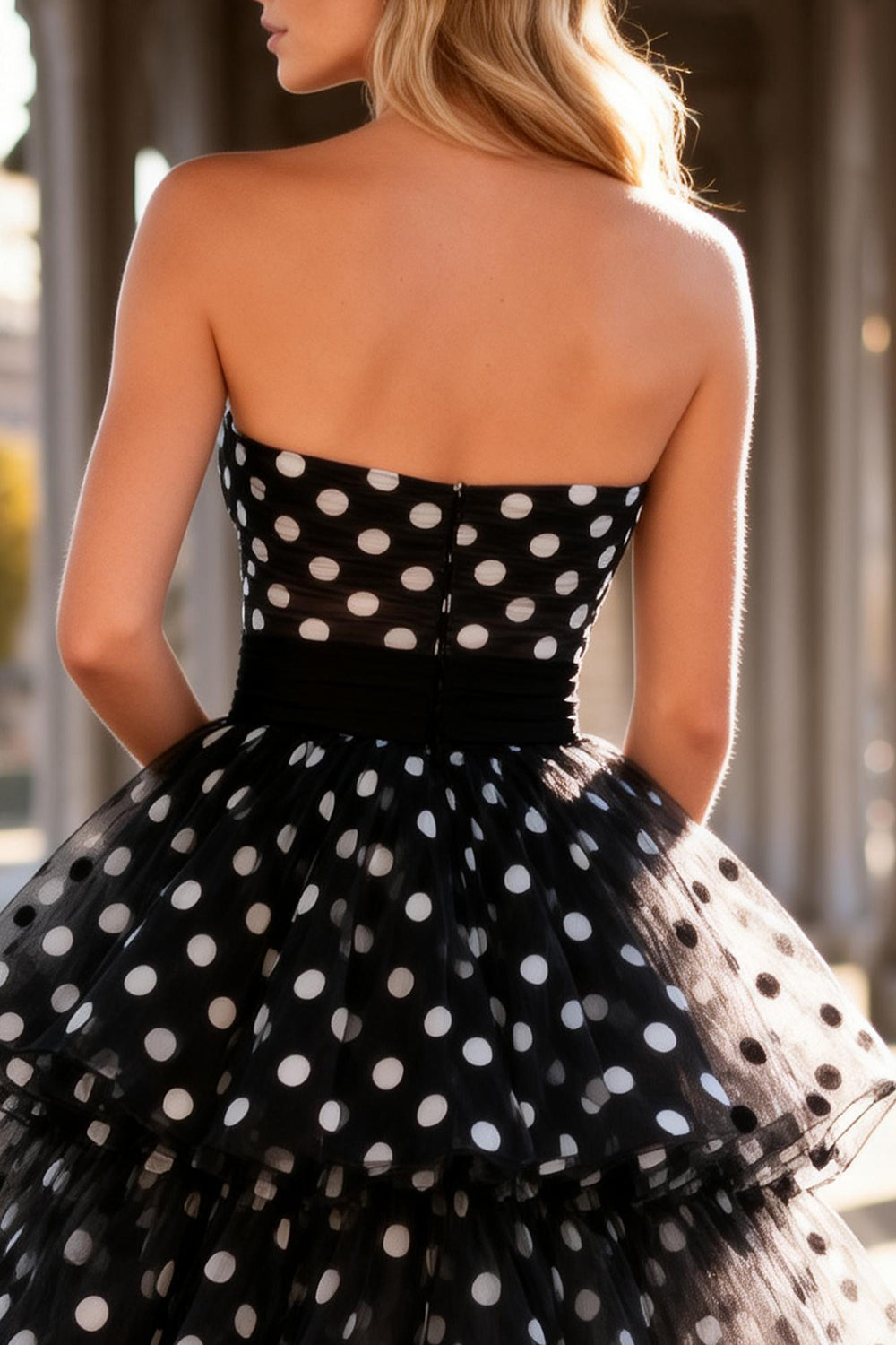 Black and White Polka Dots Tulle Tiered Long Prom Dress with Ruffles