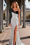 Black and White Polka Dots Satin Mermaid Long Prom Dress with Slit