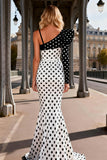 Black and White Polka Dots Satin Mermaid Long Prom Dress with Slit
