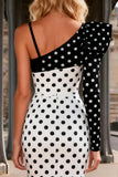 Black and White Polka Dots Satin Mermaid Long Prom Dress with Slit