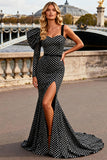 Black and White Polka Dots Mermaid Long Prom Dress with Slit
