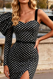 Black and White Polka Dots Mermaid Long Prom Dress with Slit