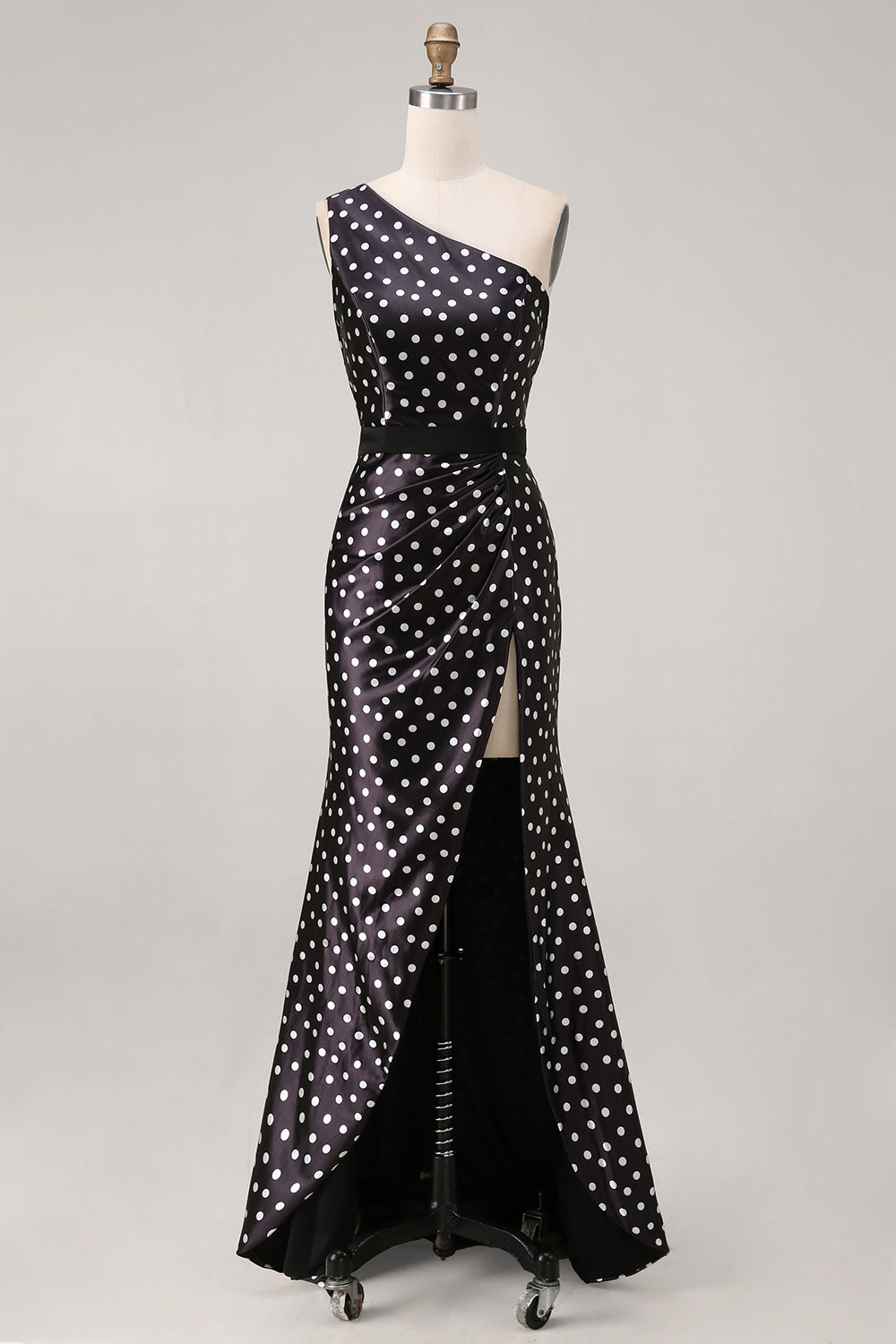 Black and White Polka Dots Satin Long Prom Dress with Slit