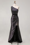 Black and White Polka Dots Satin Long Prom Dress with Slit