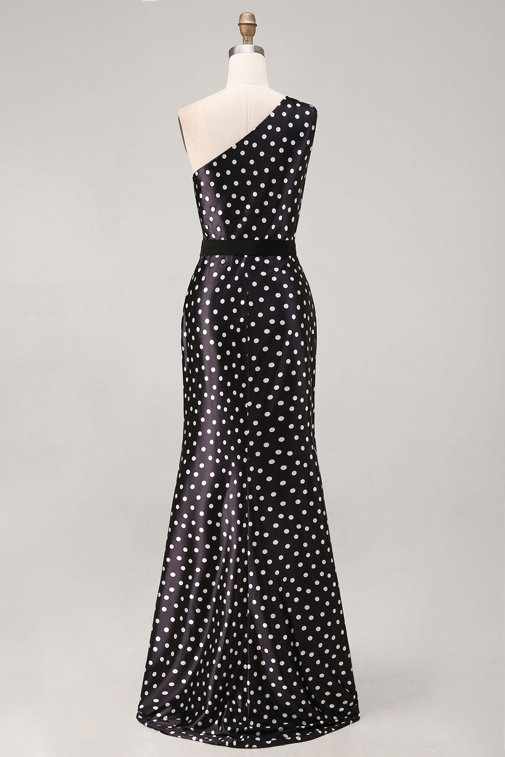 Black and White Polka Dots Satin Long Prom Dress with Slit