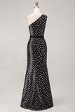 Black and White Polka Dots Satin Long Prom Dress with Slit