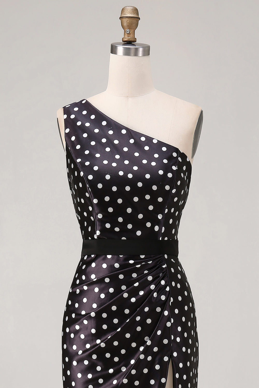 Black and White Polka Dots Satin Long Prom Dress with Slit
