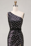 Black and White Polka Dots Satin Long Prom Dress with Slit