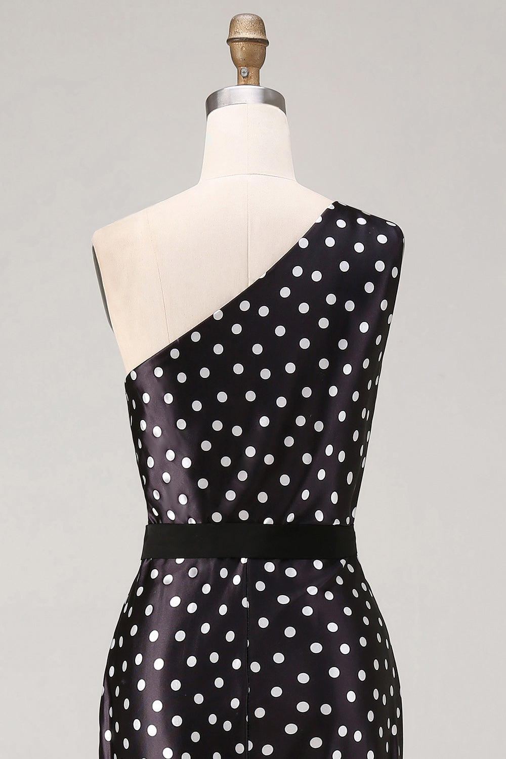 Black and White Polka Dots Satin Long Prom Dress with Slit
