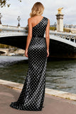 Black and White Polka Dots Satin Long Prom Dress with Slit