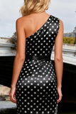 Black and White Polka Dots Satin Long Prom Dress with Slit