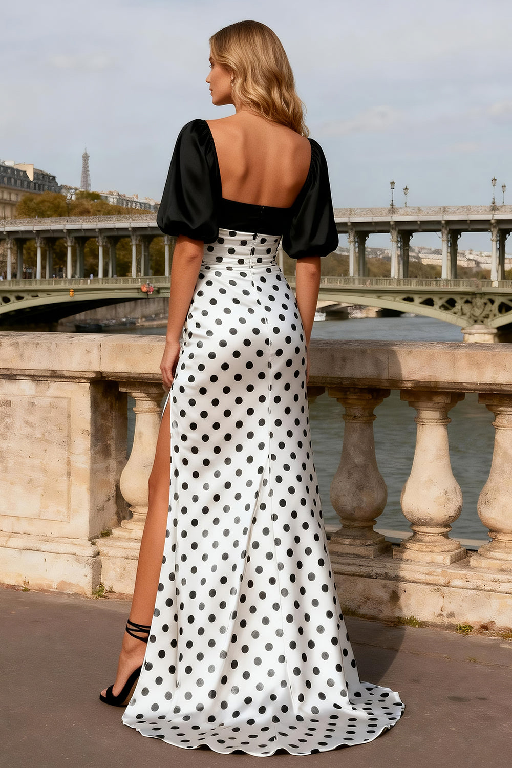 Black and White Polka Dots Satin Long Prom Dress with Sleeves