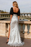 Black and White Polka Dots Satin Long Prom Dress with Sleeves