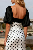 Black and White Polka Dots Satin Long Prom Dress with Sleeves