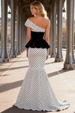 Black and White Polka Dots Satin Mermaid Asymmetrical Long Prom Dress