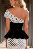 Black and White Polka Dots Satin Mermaid Asymmetrical Long Prom Dress
