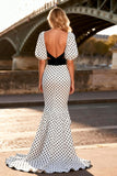 Black and White Polka Dots Mermaid Puff Sleeves Long Prom Dress with Slit