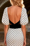 Black and White Polka Dots Mermaid Puff Sleeves Long Prom Dress with Slit