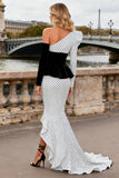 Black and White Polka Dots Mermaid Satin Long Prom Dress with Sleeves