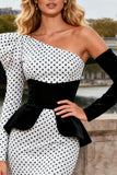 Black and White Polka Dots Mermaid Satin Long Prom Dress with Sleeves