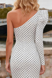 Black and White Polka Dots Mermaid Satin Long Prom Dress with Sleeves