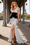 Black and White Polka Dots V-Neck Satin Long Prom Dress with Slit
