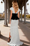 Black and White Polka Dots V-Neck Satin Long Prom Dress with Slit