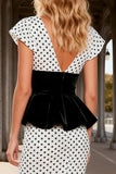 Black and White Polka Dots V-Neck Satin Long Prom Dress with Slit