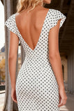 Black and White Polka Dots V-Neck Satin Long Prom Dress with Slit