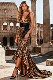 Khaki Leopard Mermaid V-Neck Asymmetrical Prom Dress with Ruffles