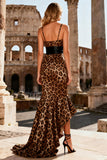 Khaki Leopard Mermaid V-Neck Asymmetrical Prom Dress with Ruffles